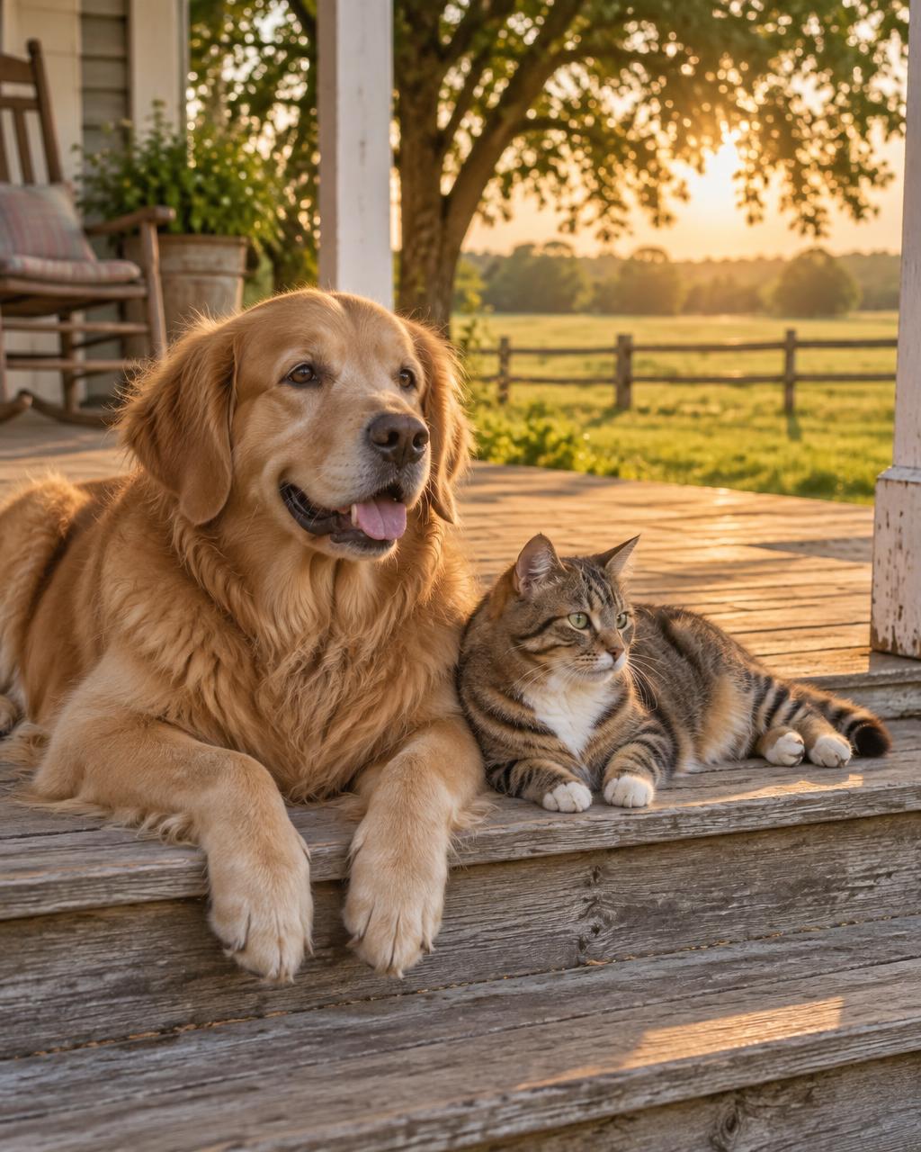 A golden retriever and a tabby cat resting together on farmhouse porch steps in the late afternoon sun