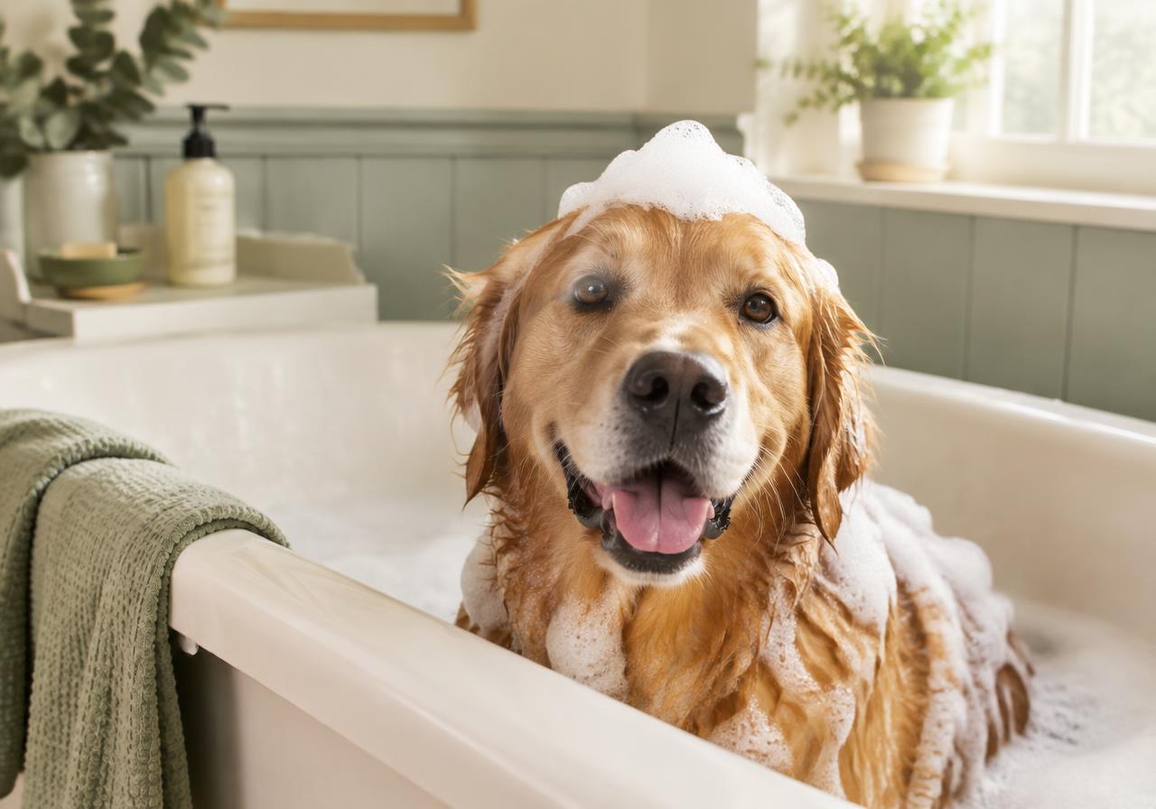 A happy golden retriever in a sudsy bathtub
