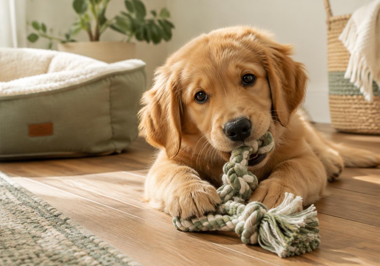 A golden puppy chewing a green rope toy