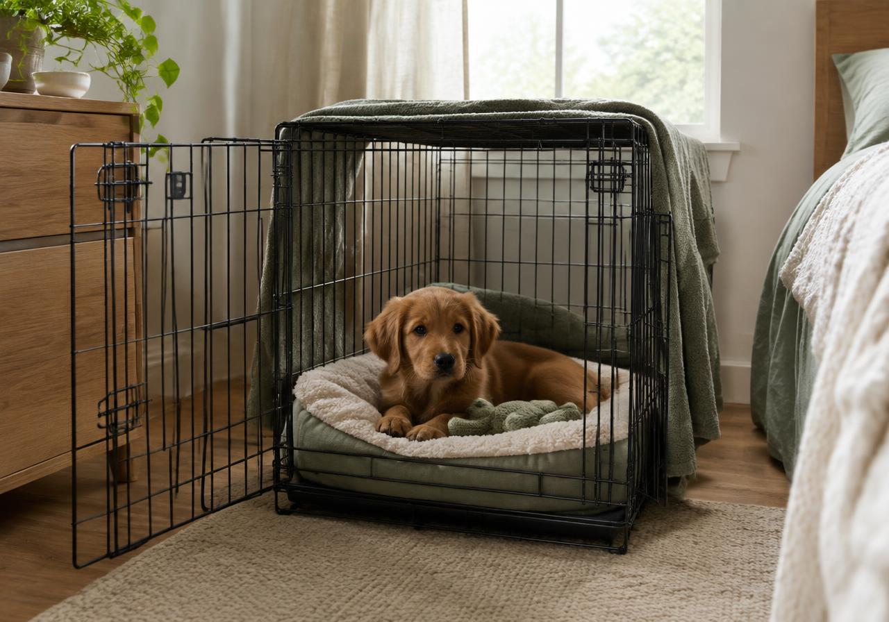 A puppy resting in an open wire crate with a soft bed