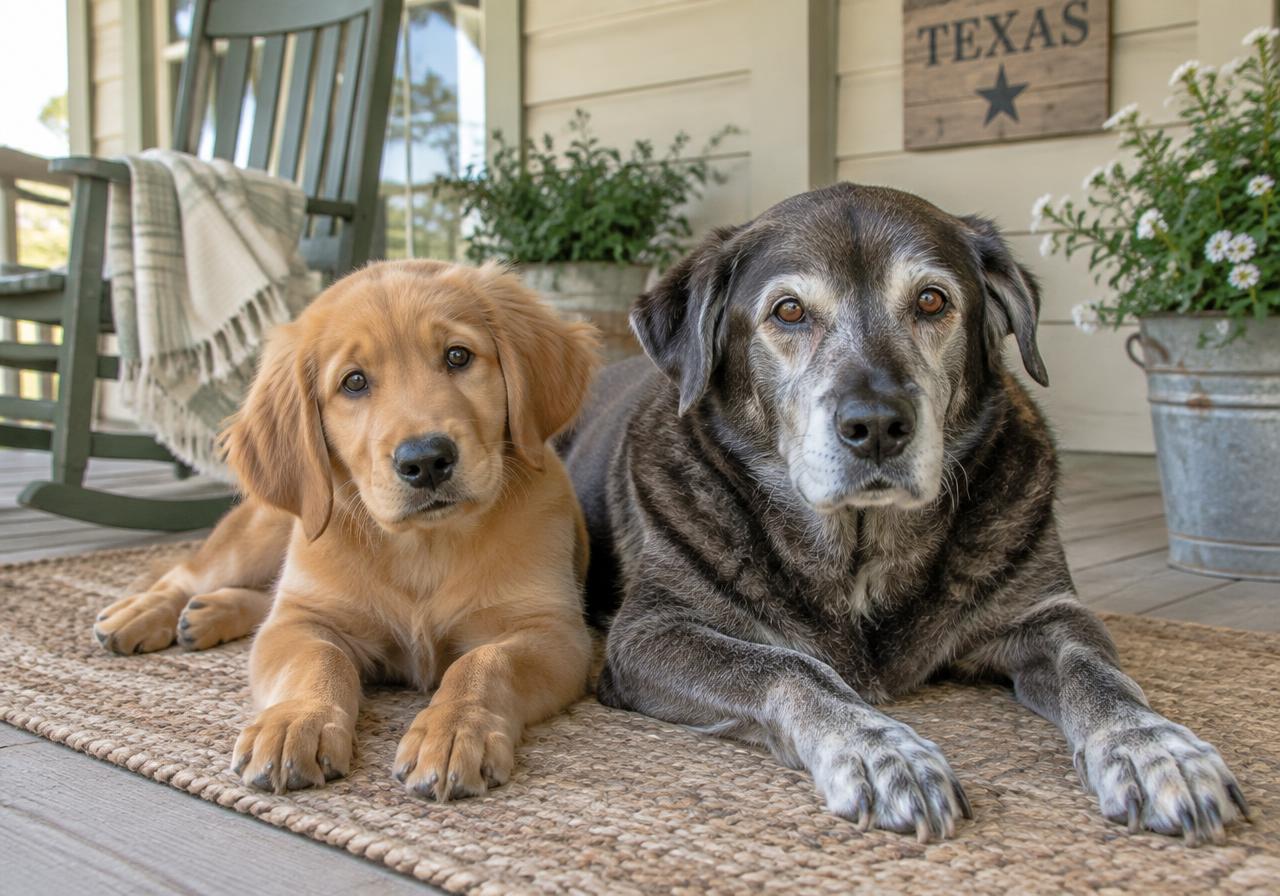 A golden puppy and a gray-muzzled senior dog on a porch