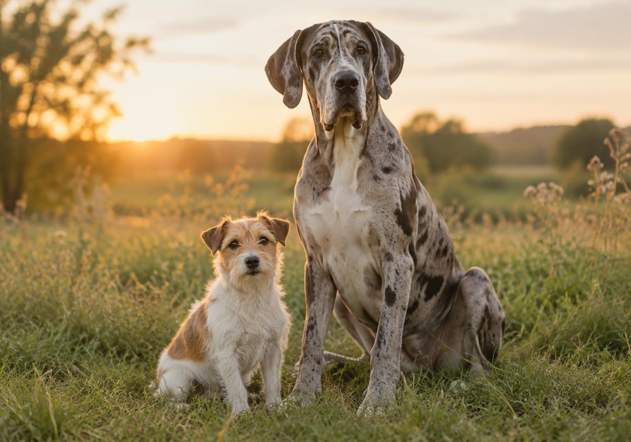 A small terrier sitting beside a large Great Dane at sunset