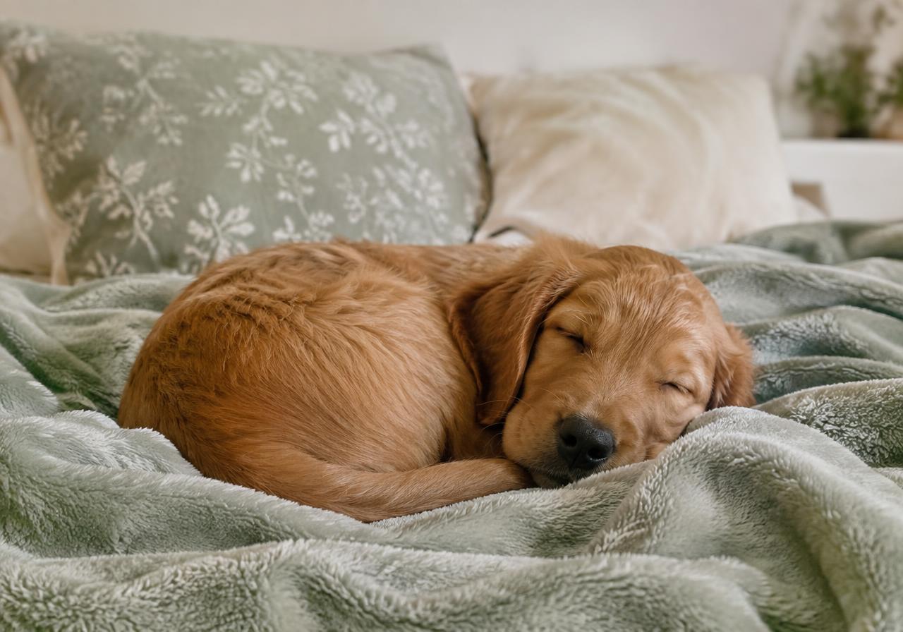 A golden puppy asleep on a soft sage blanket